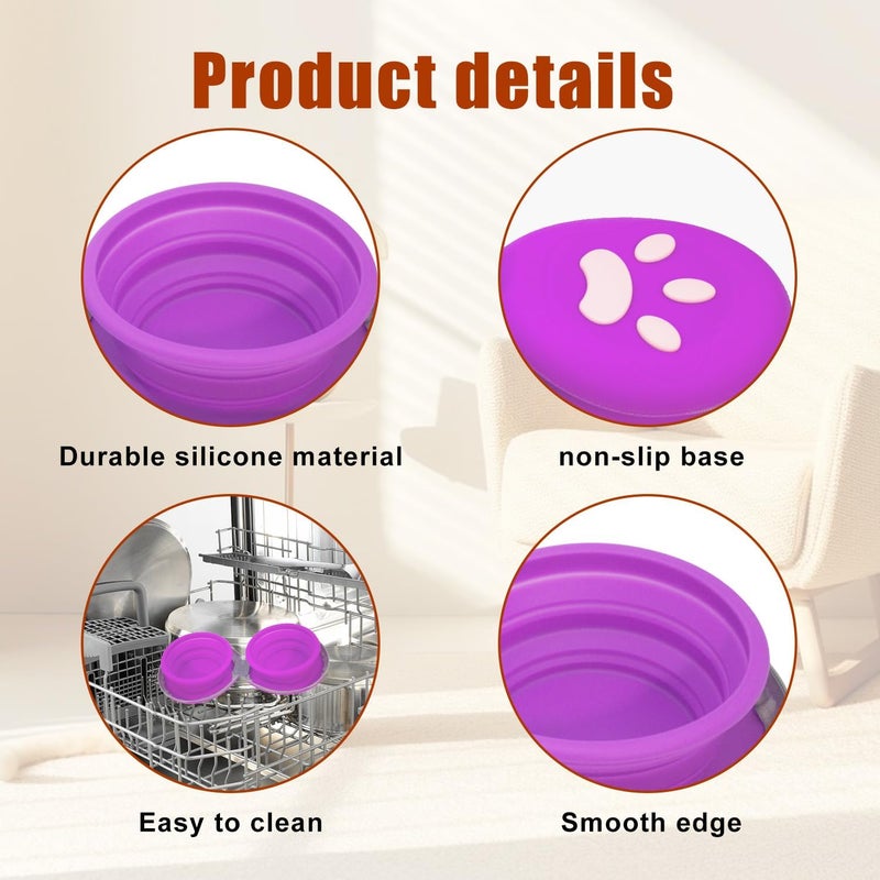 DDSUN Collapsible Dog Bowls, 2-in-1 Silicone Pet Food and Water Bowl with Carabiner, Portable Double Compartment Dish for Travel, Camping, Hiking Puppy Essentials (Purple) - Image 5